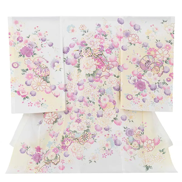 【夏用 単衣】お宮参り女の子 産着レンタル／白 花車 牡丹桜梅 Z274