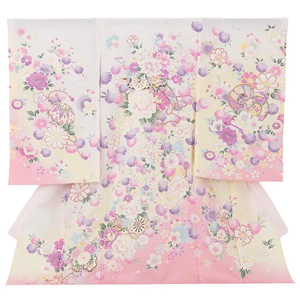 【夏用 単衣】お宮参り女の子 産着レンタル／ピンク 花車 牡丹桜梅 Z275