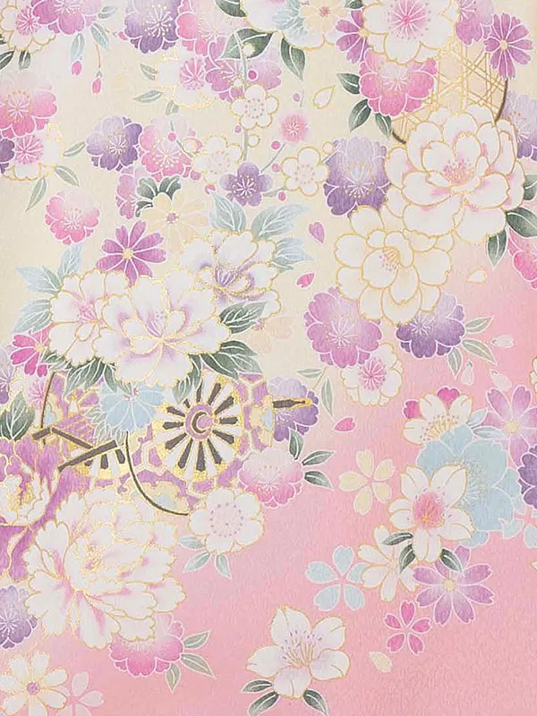 【夏用 単衣】お宮参り女の子 産着レンタル／ピンク 花車 牡丹桜梅 Z275