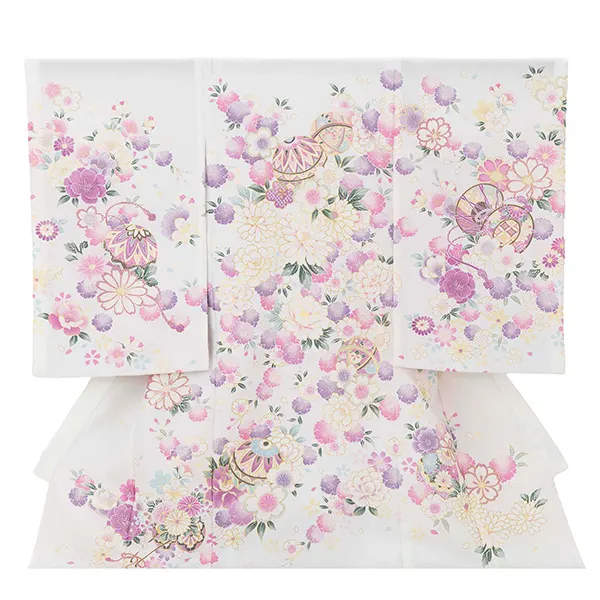 【夏用 単衣】お宮参り女の子 産着レンタル／白 まりに鼓 四季花 Z276