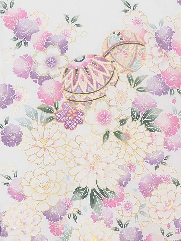 【夏用 単衣】お宮参り女の子 産着レンタル／白 まりに鼓 四季花 Z276