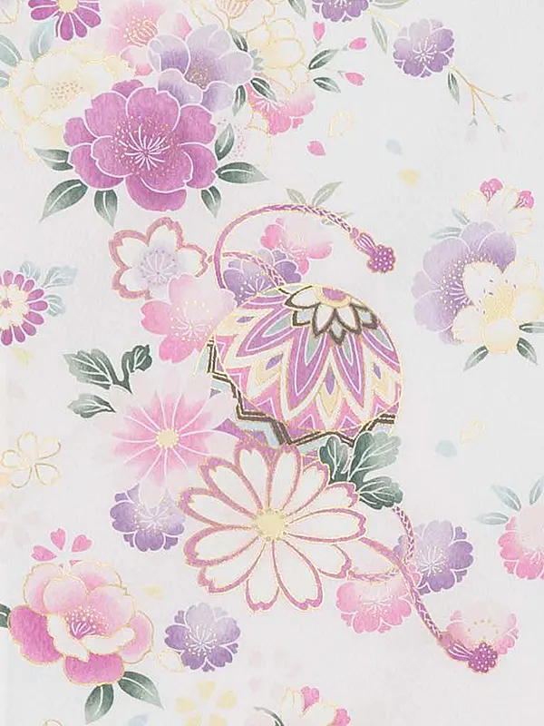 【夏用 単衣】お宮参り女の子 産着レンタル／白 まりに鼓 四季花 Z276