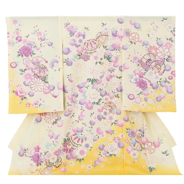 【夏用 単衣】お宮参り女の子 産着レンタル／黄色 まりに鼓 四季花 Z277