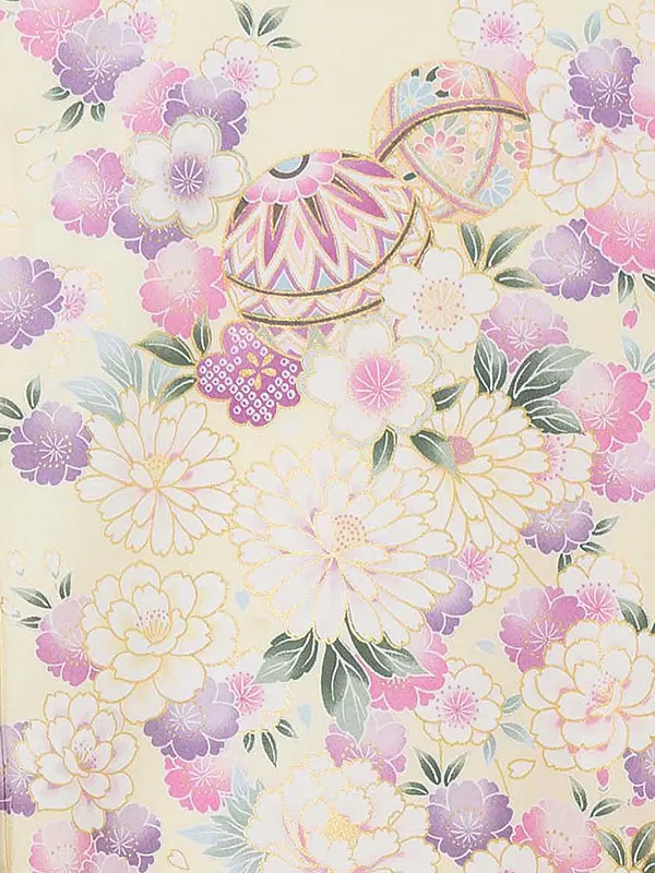 【夏用 単衣】お宮参り女の子 産着レンタル／黄色 まりに鼓 四季花 Z277