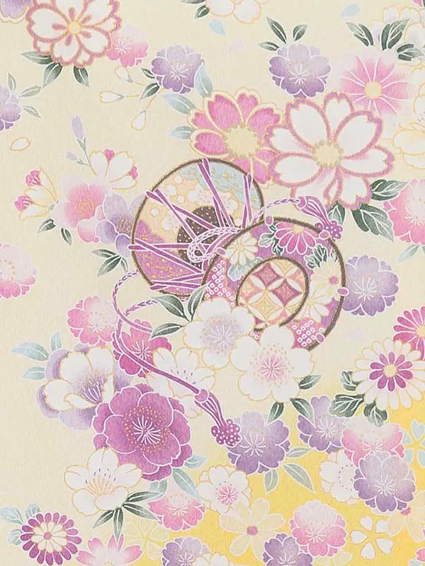 【夏用 単衣】お宮参り女の子 産着レンタル／黄色 まりに鼓 四季花 Z277