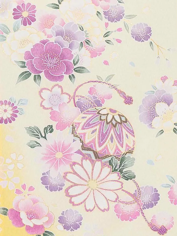 【夏用 単衣】お宮参り女の子 産着レンタル／黄色 まりに鼓 四季花 Z277