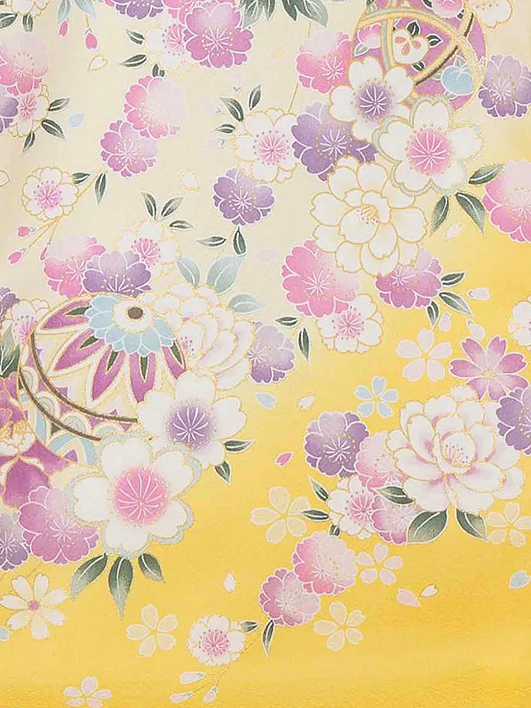 【夏用 単衣】お宮参り女の子 産着レンタル／黄色 まりに鼓 四季花 Z277