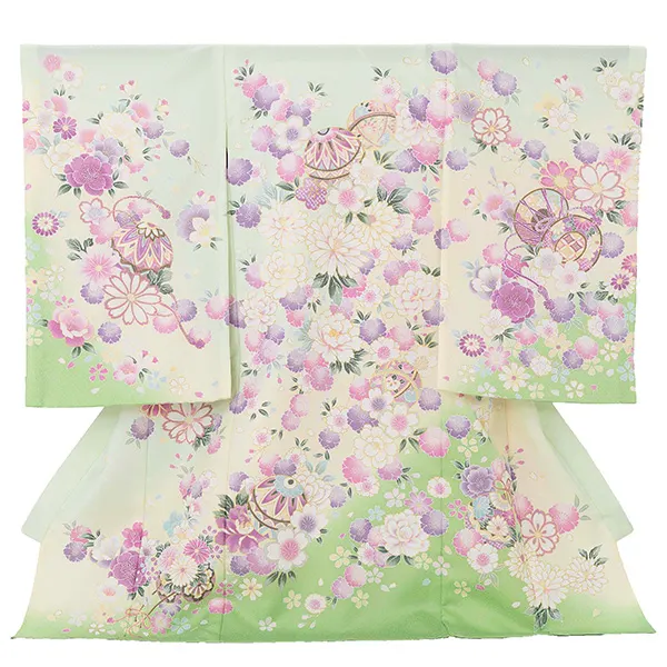 【夏用 単衣】お宮参り女の子 産着レンタル／薄緑 まりに鼓 四季花 Z278