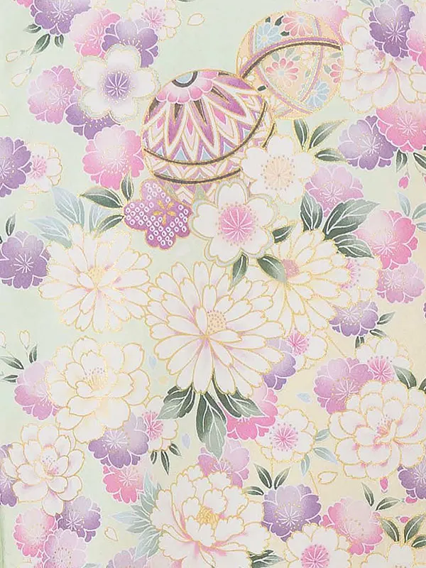 【夏用 単衣】お宮参り女の子 産着レンタル／薄緑 まりに鼓 四季花 Z278