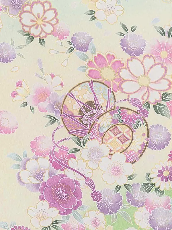 【夏用 単衣】お宮参り女の子 産着レンタル／薄緑 まりに鼓 四季花 Z278