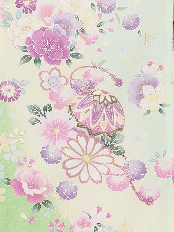 【夏用 単衣】お宮参り女の子 産着レンタル／薄緑 まりに鼓 四季花 Z278