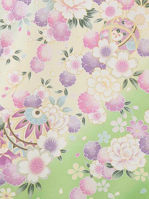 【夏用 単衣】お宮参り女の子 産着レンタル／薄緑 まりに鼓 四季花 Z278