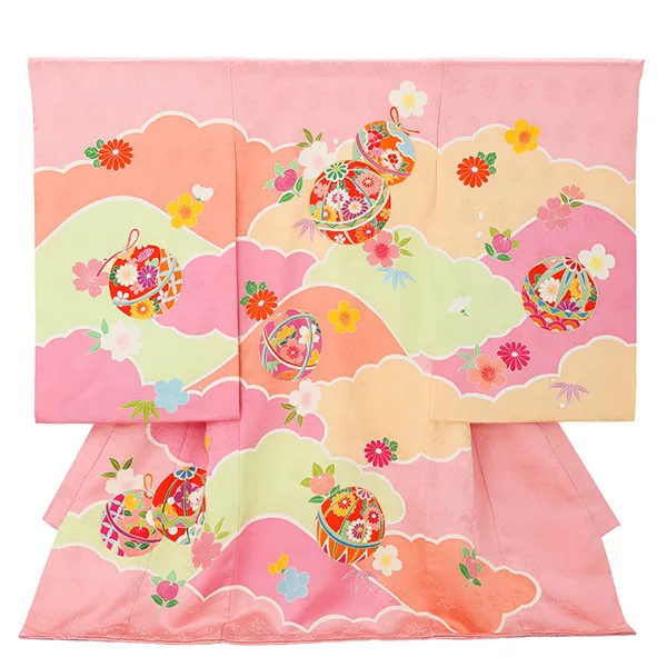 【正絹】お宮参り女の子 産着レンタル／ピンク 雲どりにまり Z287