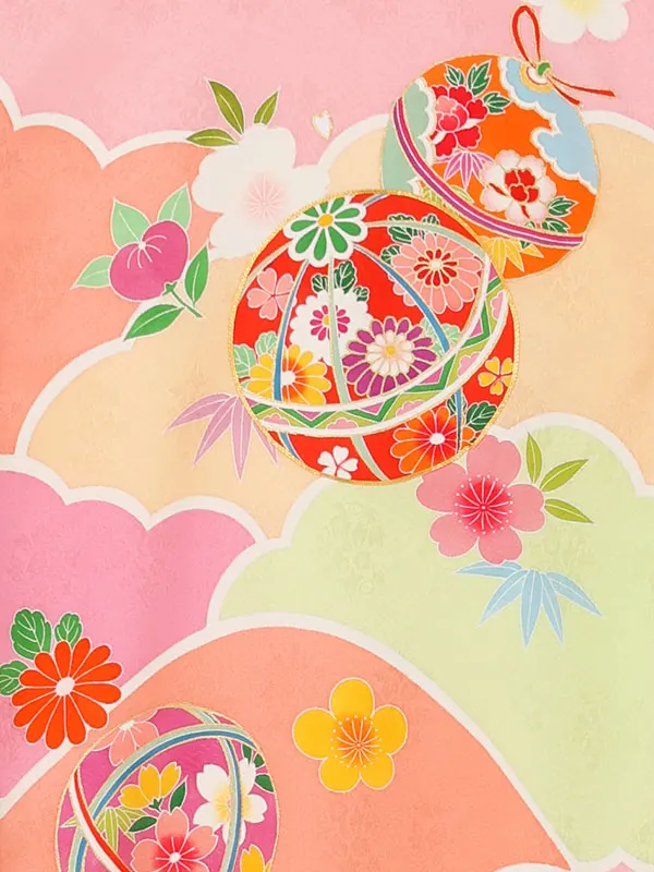 【正絹】お宮参り女の子 産着レンタル／ピンク 雲どりにまり Z287