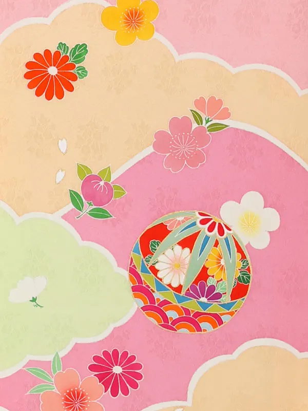 【正絹】お宮参り女の子 産着レンタル／ピンク 雲どりにまり Z287