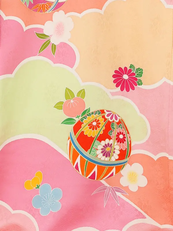 【正絹】お宮参り女の子 産着レンタル／ピンク 雲どりにまり Z287