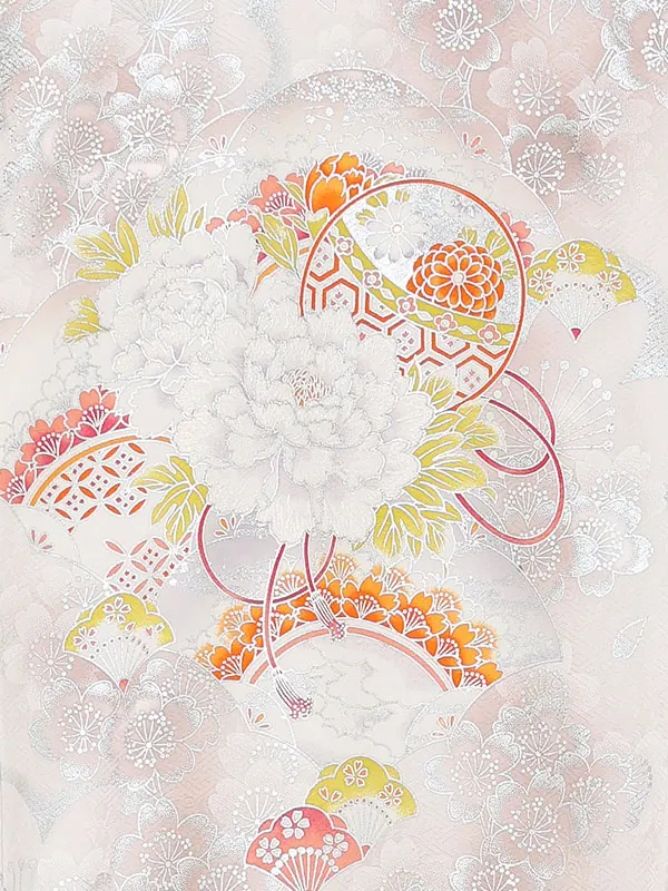 【正絹】お宮参り女の子 産着レンタル／白ベージュ 銀彩桜に牡丹 Z292