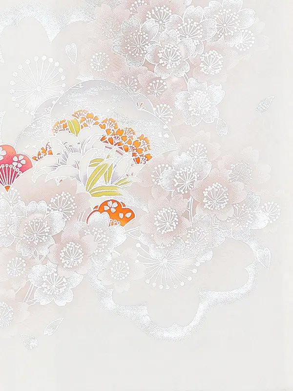 【正絹】お宮参り女の子 産着レンタル／白ベージュ 銀彩桜に牡丹 Z292