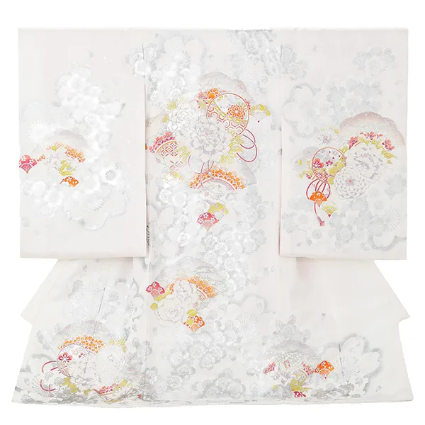 【正絹】お宮参り女の子 産着レンタル／白 銀彩桜に牡丹 Z293