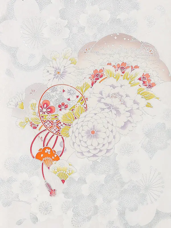 【正絹】お宮参り女の子 産着レンタル／白 銀彩桜に牡丹 Z293