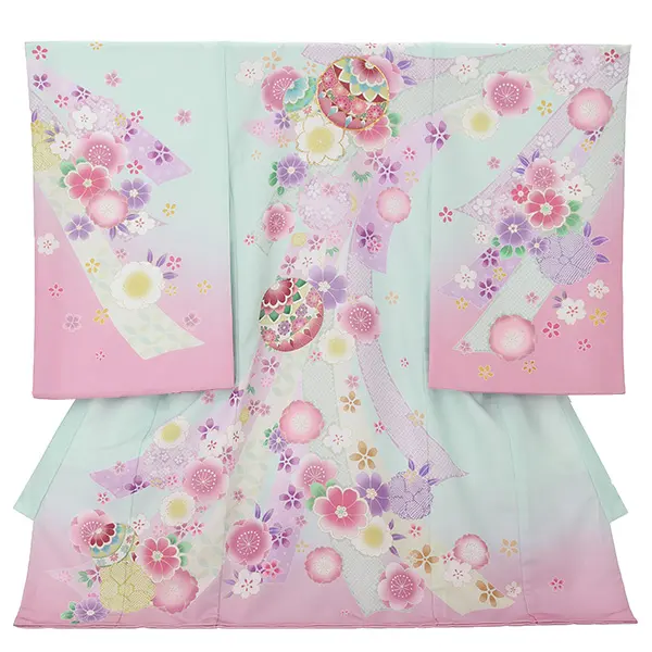 お宮参り女の子 産着レンタル／水色×藤色 束ね熨斗にまり Z296