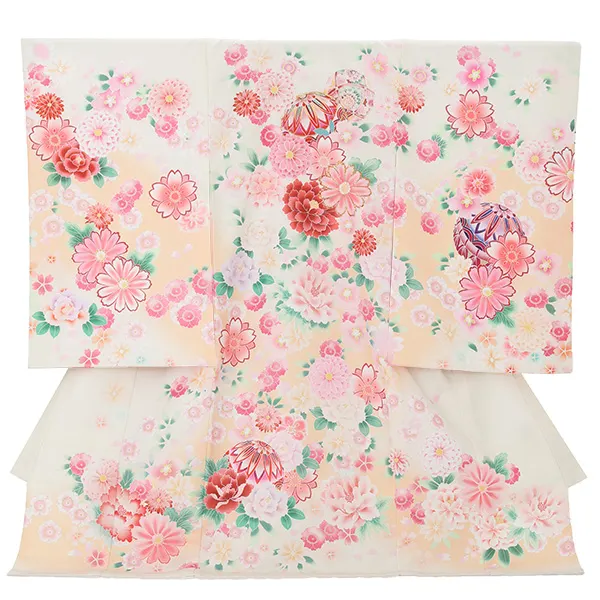 お宮参り女の子 産着レンタル／薄ベージュ まりに菊 桜 Z297