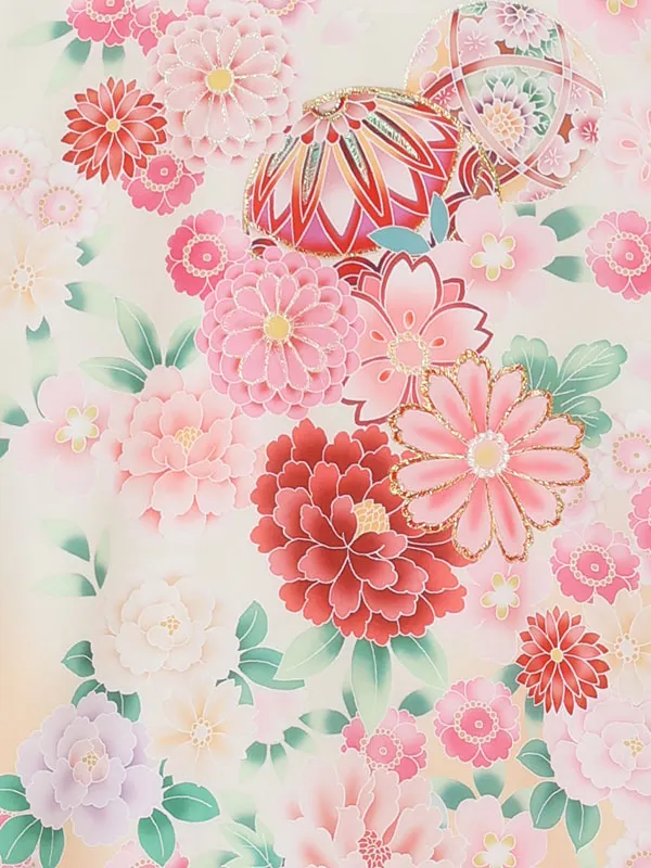 お宮参り女の子 産着レンタル／薄ベージュ まりに菊 桜 Z297