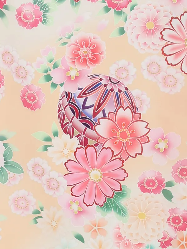 お宮参り女の子 産着レンタル／薄ベージュ まりに菊 桜 Z297