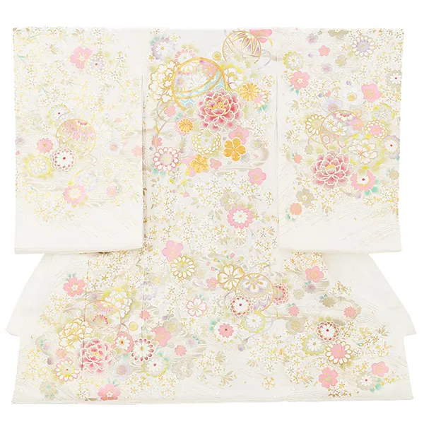 【正絹】お宮参り女の子 産着レンタル／白 金彩 桜 牡丹にまり Z300