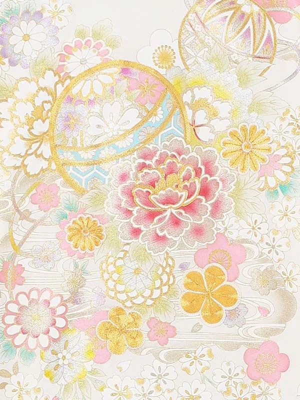 【正絹】お宮参り女の子 産着レンタル／白 金彩 桜 牡丹にまり Z300
