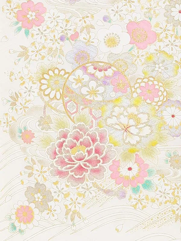 【正絹】お宮参り女の子 産着レンタル／白 金彩 桜 牡丹にまり Z300