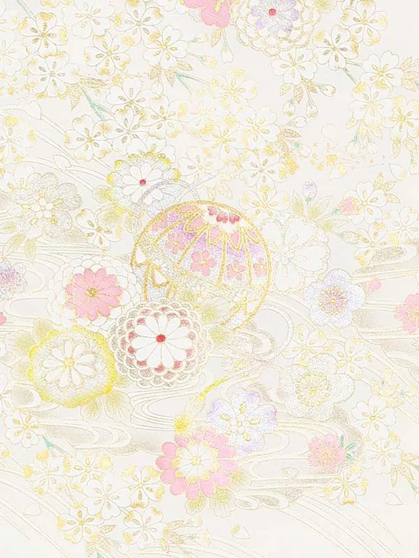 【正絹】お宮参り女の子 産着レンタル／白 金彩 桜 牡丹にまり Z300