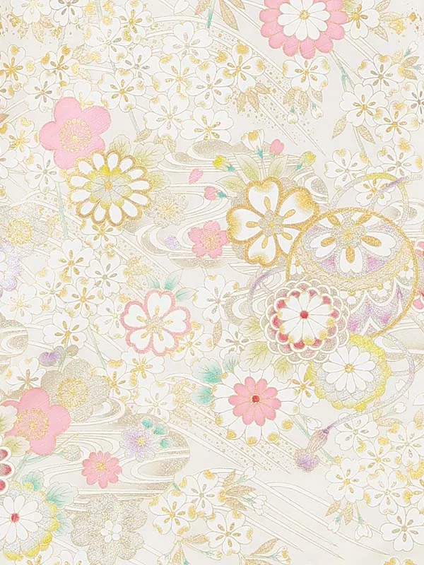 【正絹】お宮参り女の子 産着レンタル／白 金彩 桜 牡丹にまり Z300