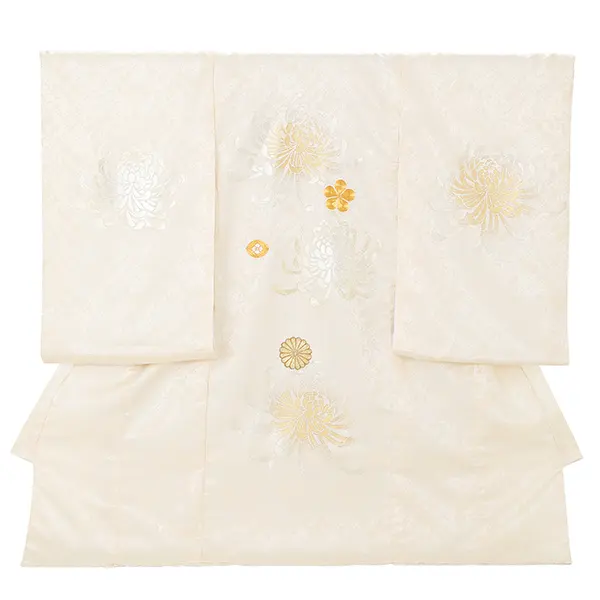 お宮参り女の子 産着レンタル／薄ベージュ 金彩 菊 Z303
