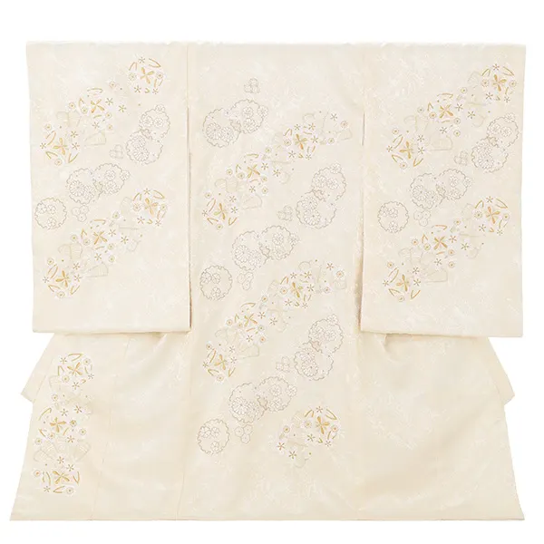 お宮参り女の子 産着レンタル／薄ベージュ 雪輪扇に菊桜 Z304