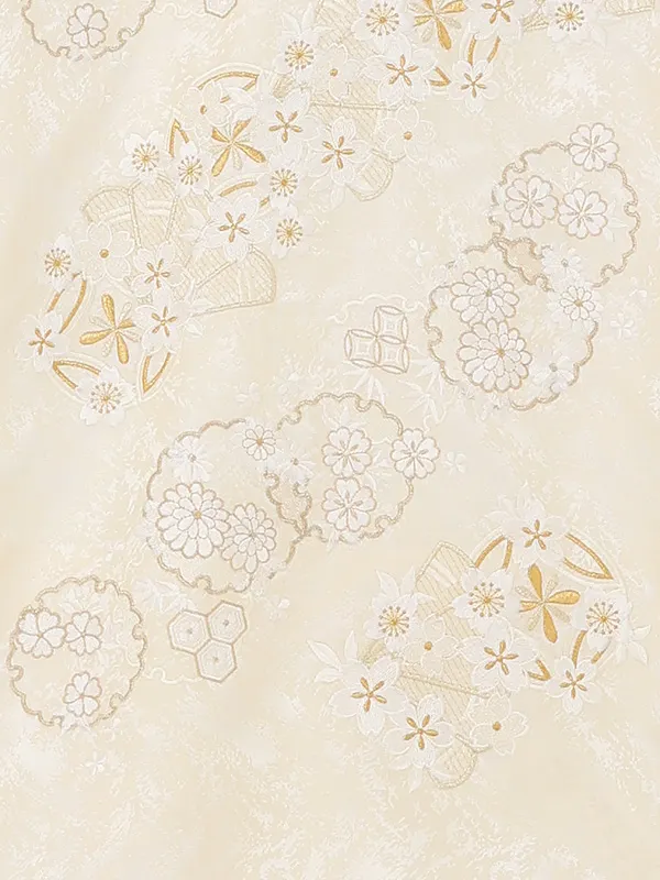 お宮参り女の子 産着レンタル／薄ベージュ 雪輪扇に菊桜 Z304