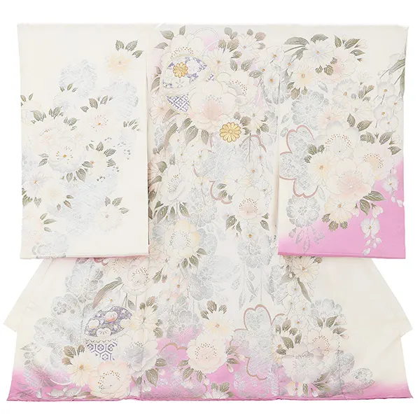 【正絹】お宮参り女の子 産着レンタル／白×藤色 銀彩 まりに菊と桜 Z307