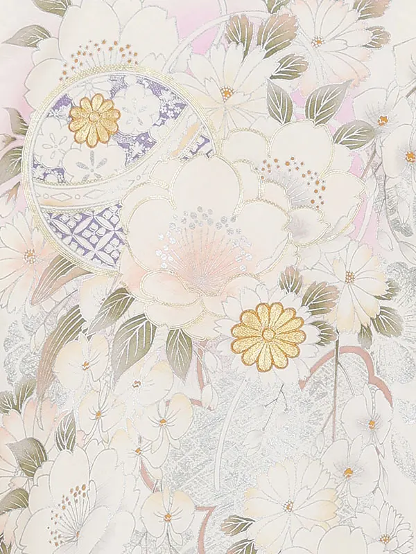 【正絹】お宮参り女の子 産着レンタル／白×藤色 銀彩 まりに菊と桜 Z307