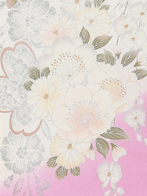 【正絹】お宮参り女の子 産着レンタル／白×藤色 銀彩 まりに菊と桜 Z307