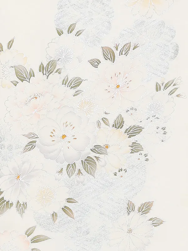 【正絹】お宮参り女の子 産着レンタル／白×藤色 銀彩 まりに菊と桜 Z307