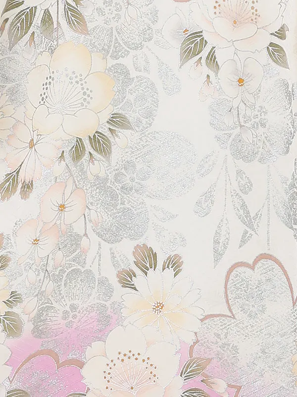 【正絹】お宮参り女の子 産着レンタル／白×藤色 銀彩 まりに菊と桜 Z307