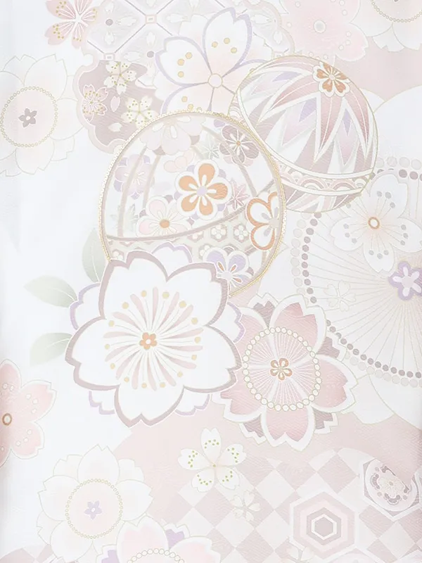 【夏用 単衣】お宮参り女の子 産着レンタル／白×ベージュ まりに桜 Z334