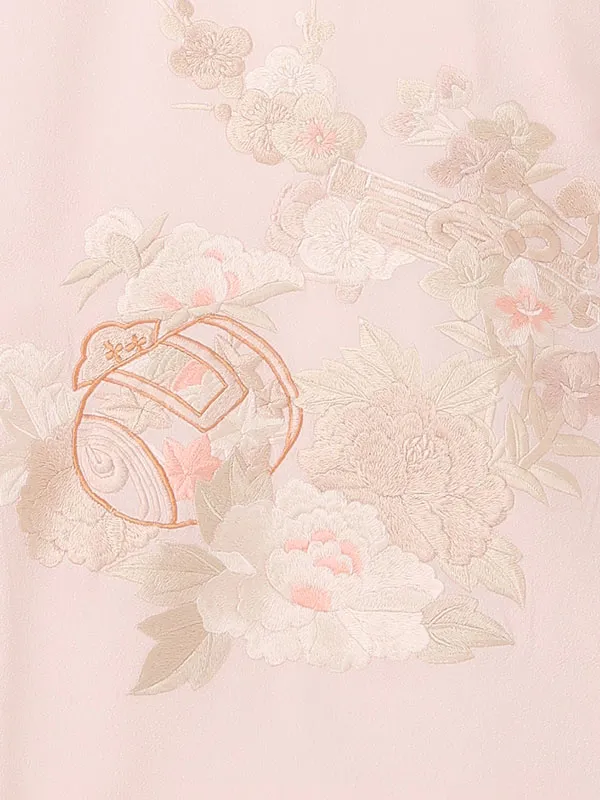 お宮参り女の子 産着レンタル／薄ピンク 鶴に四季花 小槌刺繍 Z340