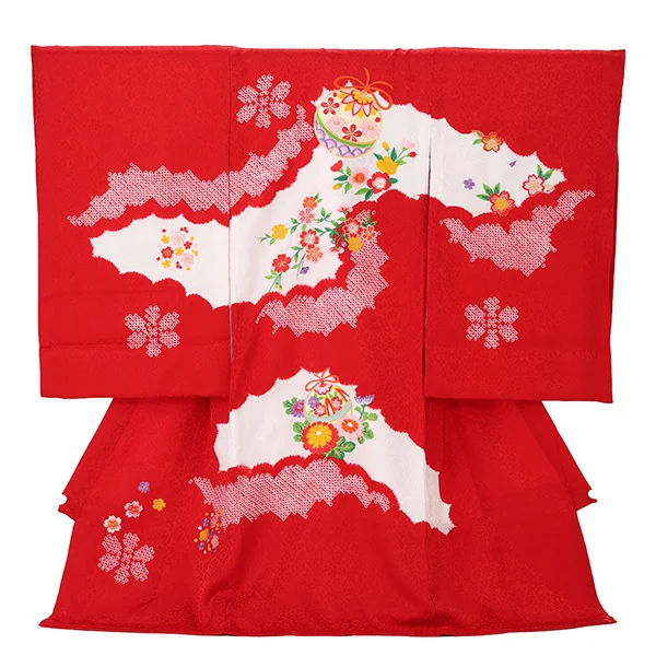 【正絹】お宮参り女の子 産着レンタル／赤 鈴桜刺繍 Z354