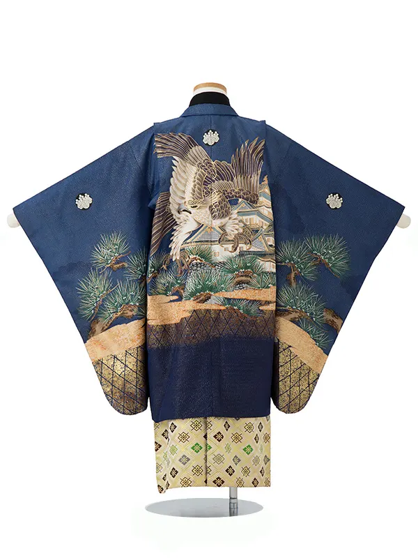 七五三レンタル(5歳6歳男児袴)／青鷹松城×金業平菱袴 E017