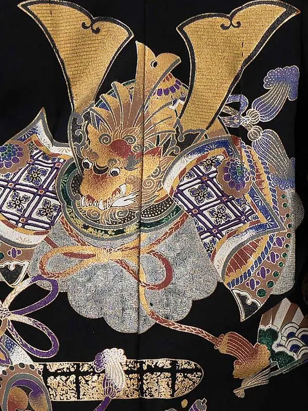 七五三レンタル(3歳4歳男児袴)／黒兜矢羽根×黒金武田菱袴 F026