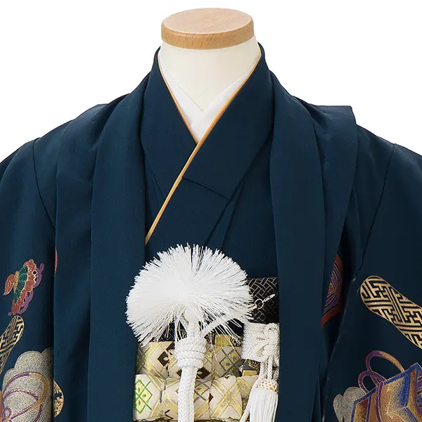 七五三レンタル(4歳5歳男児袴)／緑紺兜矢羽根×金業平菱袴 F028