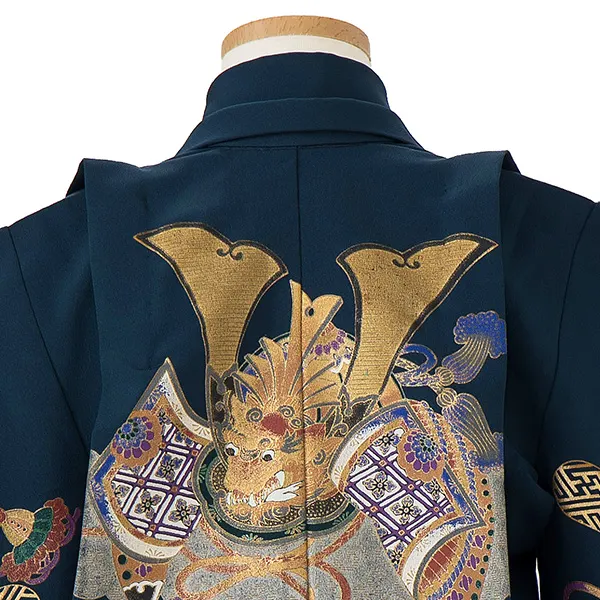 七五三レンタル(4歳5歳男児袴)／緑紺兜矢羽根×金業平菱袴 F028