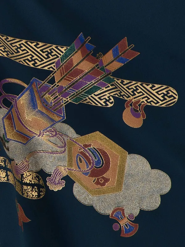 七五三レンタル(4歳5歳男児袴)／緑紺兜矢羽根×金業平菱袴 F028