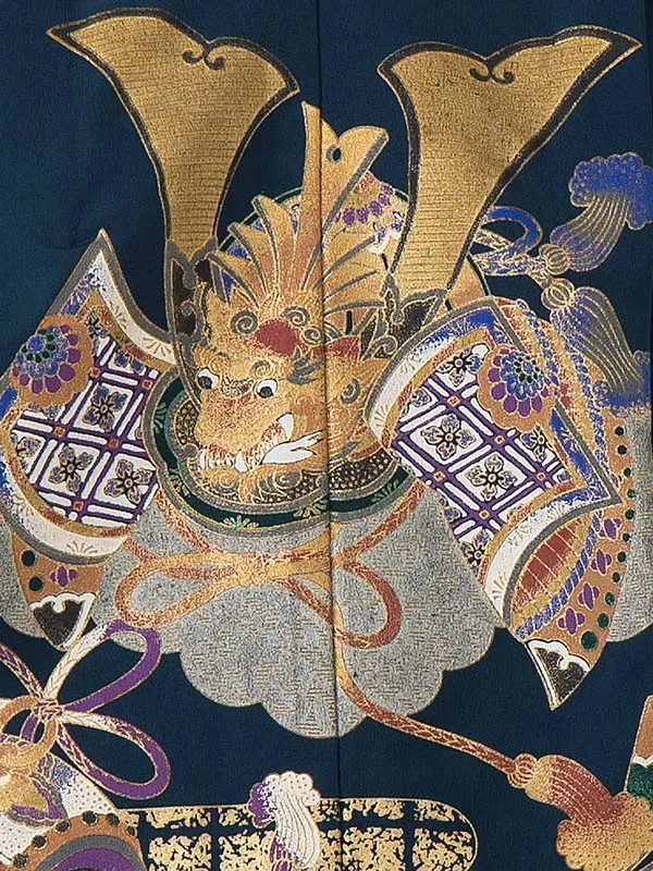 七五三レンタル(4歳5歳男児袴)／緑紺兜矢羽根×金業平菱袴 F028